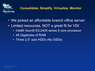 Consolidate. Simplify. Virtualize. Monitor

• We picked an affordable branch office server:
• Limited resources, NOT a great fit for VDI
• Intel® Xeon® E5-2400 series 6 core processor
• 48 Gigabytes of RAM
• Three 2.5” size HDDs (No SSDs)

Santa Clara, CA USA
October 2013

4

 