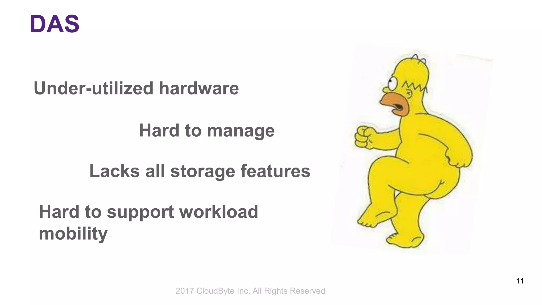 2017 Storage Developer Conference. © CloudByte Inc.. All Rights Reserved.
11
DAS
Under-utilized hardware
Hard to manage
Lacks all storage features
Hard to support workload
mobility
2017 CloudByte Inc. All Rights Reserved
 