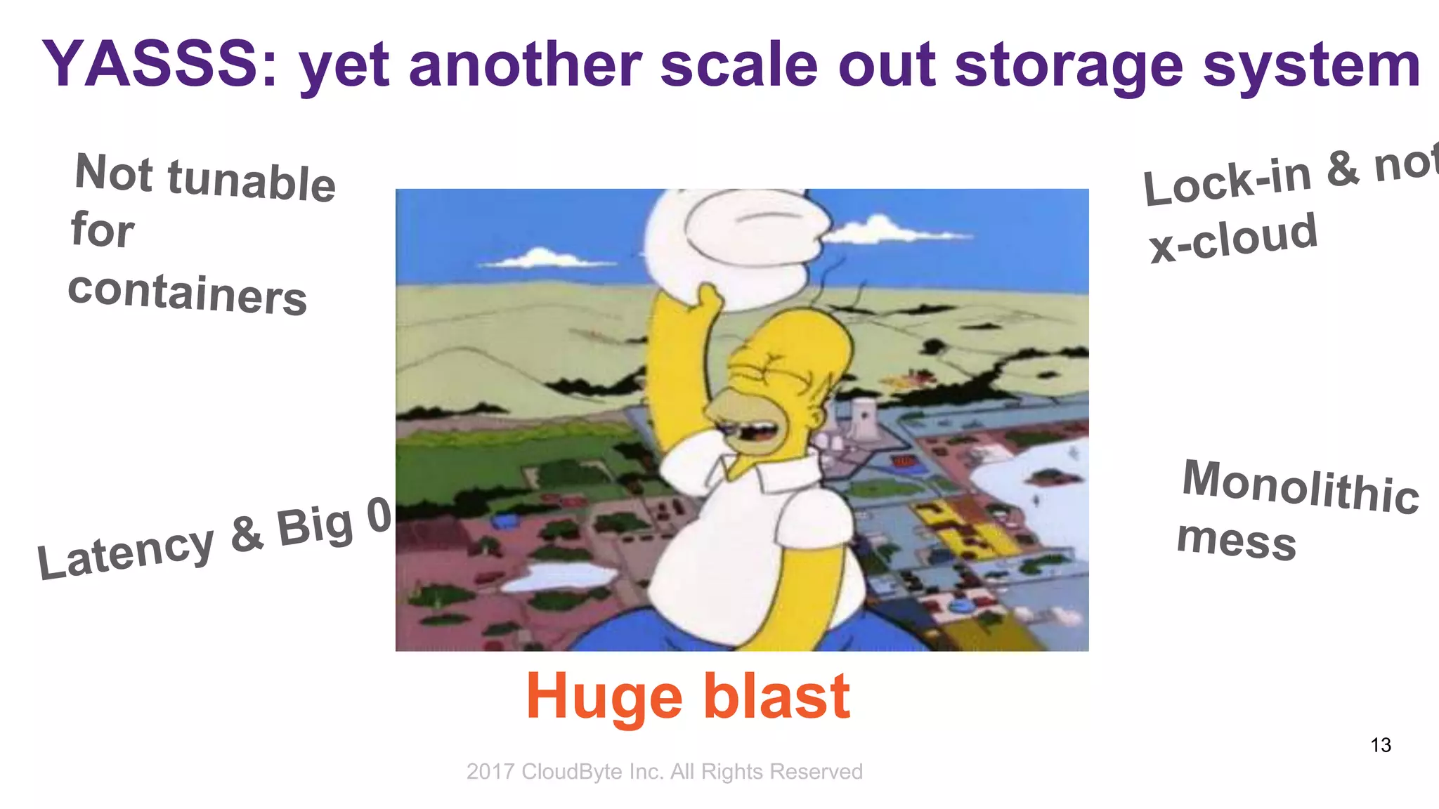 2017 Storage Developer Conference. © CloudByte Inc.. All Rights Reserved.
13
YASSS: yet another scale out storage system
Huge blast
radius2017 CloudByte Inc. All Rights Reserved
 