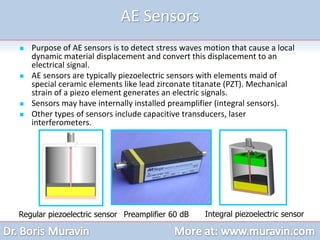 AE Sensors
 Purpose of AE sensors is to detect stress waves motion that cause a local
dynamic material displacement and convert this displacement to an
electrical signal.
 AE sensors are typically piezoelectric sensors with elements maid of
special ceramic elements like lead zirconate titanate (PZT). Mechanical
strain of a piezo element generates an electric signals.
 Sensors may have internally installed preamplifier (integral sensors).
 Other types of sensors include capacitive transducers, laser
interferometers.
Regular piezoelectric sensor Integral piezoelectric sensor
Preamplifier 60 dB
 
