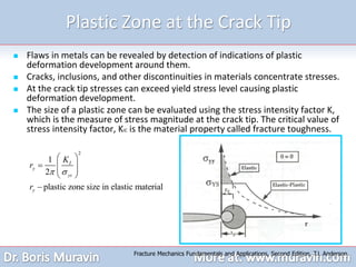Plastic Zone at the Crack Tip
 Flaws in metals can be revealed by detection of indications of plastic
deformation development around them.
 Cracks, inclusions, and other discontinuities in materials concentrate stresses.
 At the crack tip stresses can exceed yield stress level causing plastic
deformation development.
 The size of a plastic zone can be evaluated using the stress intensity factor K,
which is the measure of stress magnitude at the crack tip. The critical value of
stress intensity factor, KIC is the material property called fracture toughness.
2
1
2
plastic zone size in elastic material
I
y
ys
y
K
r
r
 
 
  
 
 

Fracture Mechanics Fundamentals and Applications, Second Edition, T.L Anderson.
 