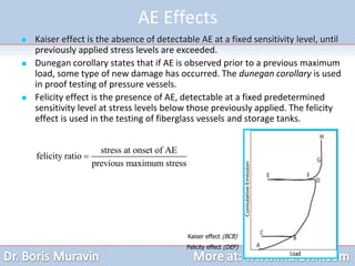AE Effects
 Kaiser effect is the absence of detectable AE at a fixed sensitivity level, until
previously applied stress levels are exceeded.
 Dunegan corollary states that if AE is observed prior to a previous maximum
load, some type of new damage has occurred. The dunegan corollary is used
in proof testing of pressure vessels.
 Felicity effect is the presence of AE, detectable at a fixed predetermined
sensitivity level at stress levels below those previously applied. The felicity
effect is used in the testing of fiberglass vessels and storage tanks.
stress at onset of AE
felicity ratio
previous maximum stress

Kaiser effect (BCB)
Felicity effect (DEF)
 