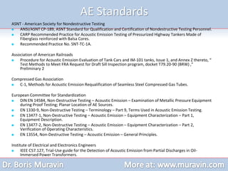 AE Standards
ASNT - American Society for Nondestructive Testing
 ANSI/ASNT CP-189, ASNT Standard for Qualification and Certification of Nondestructive Testing Personnel.
 CARP Recommended Practice for Acoustic Emission Testing of Pressurized Highway Tankers Made of
Fiberglass reinforced with Balsa Cores.
 Recommended Practice No. SNT-TC-1A.
Association of American Railroads
 Procedure for Acoustic Emission Evaluation of Tank Cars and IM-101 tanks, Issue 1, and Annex Z thereto, “
Test Methods to Meet FRA Request for Draft Sill Inspection program, docket T79.20-90 (BRW) ,”
Preliminary 2
Compressed Gas Association
 C-1, Methods for Acoustic Emission Requalification of Seamless Steel Compressed Gas Tubes.
European Committee for Standardization
 DIN EN 14584, Non-Destructive Testing – Acoustic Emission – Examination of Metallic Pressure Equipment
during Proof Testing; Planar Location of AE Sources.
 EN 1330-9, Non-Destructive Testing – Terminology – Part 9, Terms Used in Acoustic Emission Testing.
 EN 13477-1, Non-Destructive Testing – Acoustic Emission – Equipment Characterization – Part 1,
Equipment Description.
 EN 13477-2, Non-Destructive Testing – Acoustic Emission – Equipment Characterization – Part 2,
Verification of Operating Characteristics.
 EN 13554, Non-Destructive Testing – Acoustic Emission – General Principles.
Institute of Electrical and Electronics Engineers
 IEEE C57.127, Trial-Use guide for the Detection of Acoustic Emission from Partial Discharges in Oil-
Immersed Power Transformers.
 