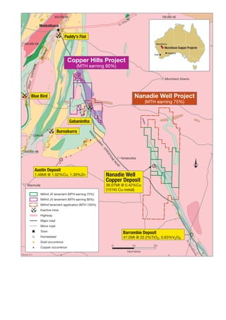 650,000 mE

W
To

Meekatharra

ilun

700,000 mE

a

Paddy’s Flat
7,050,000 mN

Meekatharra

H IG
HW
AY

Murchison Copper Projects
Perth

Kalgoorlie

Copper Hills Project

NOR
THE
R

N

(MTH earning 80%)

GRE
AT

Murchison Downs

Nanadie Well Project

Blue Bird

(MTH earning 75%)

Gabanintha
Burnakurra

ME
H
AT
EK

Cullculli

RA
AR
TO
DS
AN
-S

7,000,000 mN

NE

Yarrabubba

A
RO

D

Austin Deposit

1.48Mt @ 1.02%Cu, 1.39%Zn
Wanmulla
WanmullaMithril JV tenement (MTH earning 75%)

Nanadie Well
Copper Deposit

36.07Mt @ 0.42%Cu
(151Kt Cu metal)

Mithril JV tenement (MTH earning 80%)
Mithril tenement application (MTH 100%)
Inactive mine
Highway
Major road
Minor road
Town

Barrambie Deposit
Cogla Downs

Homestead

47.2Mt @ 22.2%TiO2, 0.63%V2O5
0

10

ds
ton

kilometres

e

Murch 01

20

an

Copper occurrence

S
To

Gold occurrence

 