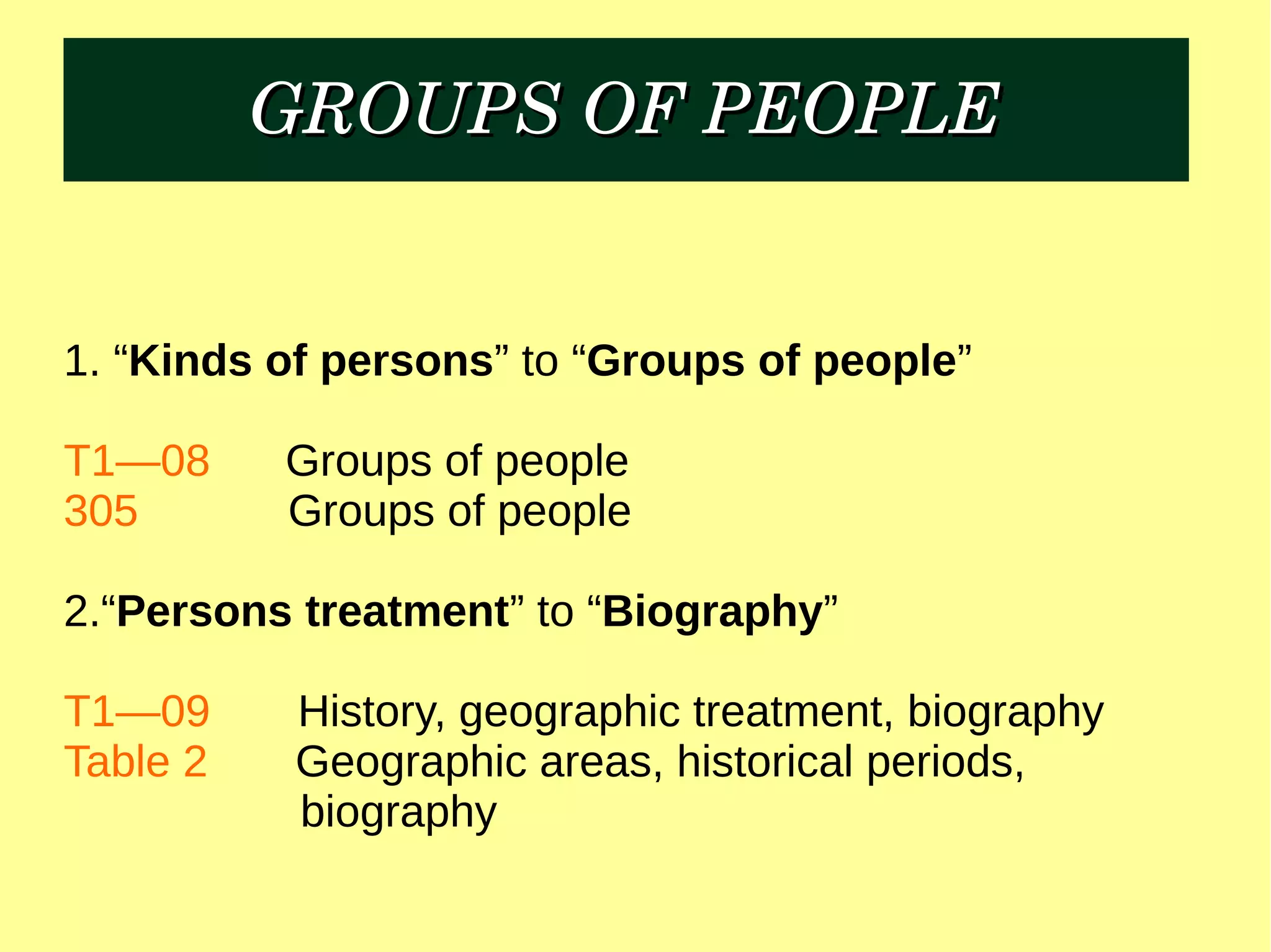 GROUPS OF PEOPLEGROUPS OF PEOPLE
1. “Kinds of persons” to “Groups of people”
T1—08 Groups of people
305 Groups of people
2.“Persons treatment” to “Biography”
T1—09 History, geographic treatment, biography
Table 2 Geographic areas, historical periods,
biography
 
