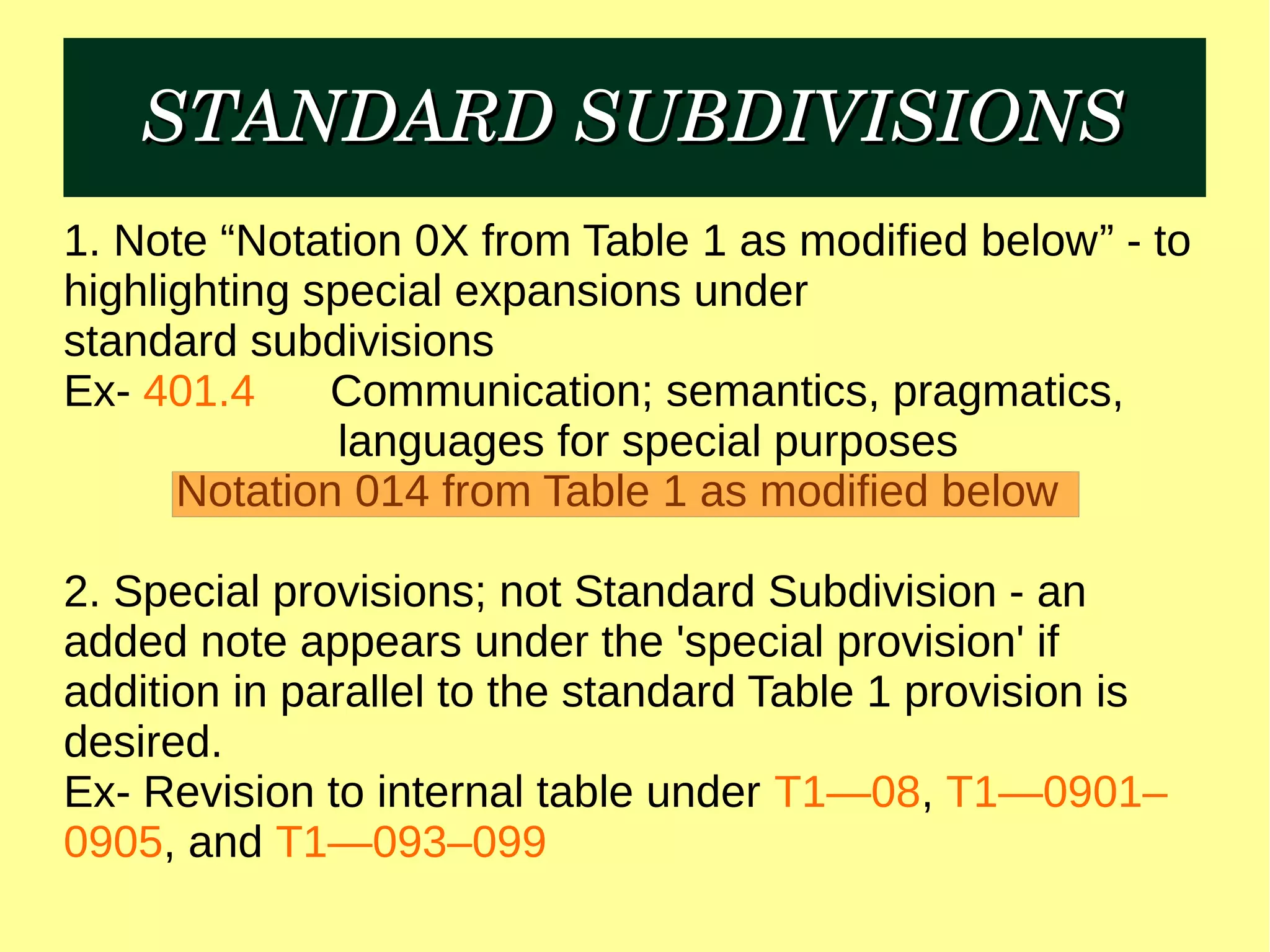 STANDARD SUBDIVISIONSSTANDARD SUBDIVISIONS
1. Note “Notation 0X from Table 1 as modified below” - to
highlighting special expansions under
standard subdivisions
Ex- 401.4 Communication; semantics, pragmatics,
languages for special purposes
Notation 014 from Table 1 as modified below
2. Special provisions; not Standard Subdivision - an
added note appears under the 'special provision' if
addition in parallel to the standard Table 1 provision is
desired.
Ex- Revision to internal table under T1—08, T1—0901–
0905, and T1—093–099
 