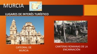 LUGARES DE INTERÉS TURÍSTICO
MURCIA
CATEDRAL DE
MURCIA
CANTERAS ROMANAS DE LA
ENCARNACIÓN
 