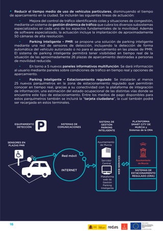 16
•	 Reducir el tiempo medio de uso de vehículos particulares, disminuyendo el tiempo
de aparcamiento en la ciudad. Se incluirán las siguientes líneas de actuación:
•	 Mejora del control de tráfico identificando colas y situaciones de congestión,
mediante un sistema de gestión dinámica de tráfico que cubra los diversos subsistemas
especializados en cada uno de los aspectos fundamentales de la movilidad. Además
de software especializado, la actuación incluye la implantación de aproximadamente
50 cámaras de alta resolución.
•	 Parking Inteligente – PMR: se propone una solución de parking inteligente
mediante una red de sensores de detección, incluyendo la detección de forma
automática del vehículo autorizado o no para el aparcamiento en las plazas de PMR.
El sistema de parking inteligente permitirá tener visibilidad en tiempo real de la
situación de las aproximadamente 26 plazas de aparcamiento destinadas a personas
de movilidad reducida.
•	 En torno a 5 nuevos paneles informativos multifunción: Se dará información
al usuario mediante paneles sobre condiciones de tráfico en tiempo real y opciones de
aparcamiento.	
•	 Parking Inteligente – Estacionamiento regulado: Se instalarán al menos
25 nuevos parquímetros en la zona de estacionamiento regulado que permitirán
conocer en tiempo real, gracias a su conectividad con la plataforma de integración
de información, una estimación del estado ocupacional de las distintas vías donde se
encuentre este tipo de estacionamiento. Entre los medios de pago disponibles para
estos parquímetros también se incluirá la “tarjeta ciudadana”, la cual también podrá
ser recargada en estos terminales.
EQUIPAMIENTO
DETECCIÓN
SENSORES EN
PLAZAS PMR
SISTEMAS DE
COMUNICACIONES
SISTEMAS DE
ESTACIONAMIENTO
REGULADO (ORA)
WEBSERVICES
Red móvil
INTERNET
SISTEMA DE
GESTIÓN
PARKING
INTELIGENTE
Ayuntamiento
de Murcia
Servidor
Central
Plataforma
web de
Gestión
Parking
Inteligente
PLATAFORMA
SMART CITY DE
MURCIA y
Sistemas de la ORA
 