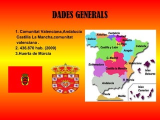 DADES GENERALS 1. Comunitat Valenciana,Andalucia Castilla La Mancha,comunitat  valenciana . 2. 436.870 hab. (2009)   3.Huerta de Múrcia 