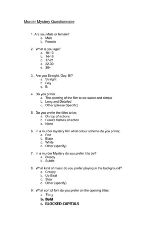 Murder mystery questionnaire