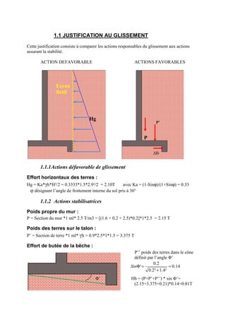 1.1 JUSTIFICATION AU GLISSEMENT
Cette justification consiste à comparer les actions responsables du glissement aux actions
assurant la stabilité.
ACTION DEFAVORABLE ACTIONS FAVORABLES
1.1.1Actions défavorable de glissement
Effort horizontaux des terres :
Hg = Ka*γh*H²/2 = 0.3333*1.5*2.9²/2 = 2.10T avec Ka = (1-Sinϕ)/(1+Sinϕ) = 0.33
φ désignant l’angle de frottement interne du sol pris à 30°
1.1.2 Actions stabilisatrices
Poids propre du mur :
P = Section du mur *1 ml* 2.5 T/m3 = [(1.6 + 0.2 + 2.5)*0.2]*1*2.5 = 2.15 T
Poids des terres sur le talon :
P’ = Section de terre *1 ml* γh = 0.9*2.5*1*1.5 = 3.375 T
Effort de butée de la bêche :
P’’ poids des terres dans le cône
définit par l’angle Φ’
Φ’ Hb = (P+P’+P’’) * sin Φ’=
(2.15+3.375+0.21)*0.14=0.81T
Hg
P’
P
Hb
14.0
²4.1²2.0
2.0
' =
+
=ΦSin
Ecran
fictif
 
