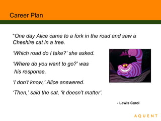 Career Plan
“One day Alice came to a fork in the road and saw a
Cheshire cat in a tree.
‘Which road do I take?’ she asked.
‘Where do you want to go?’ was
his response.
‘I don’t know,’ Alice answered.
‘Then,’ said the cat, ‘it doesn’t matter’.
- Lewis Carol
 