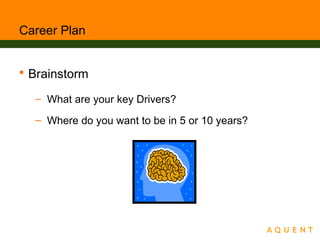 Career Plan
 Brainstorm
– What are your key Drivers?
– Where do you want to be in 5 or 10 years?
 