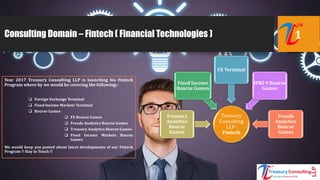Consulting Domain – Fintech ( Financial Technologies )
Year 2017 Treasury Consulting LLP is launching his Fintech
Program where by we would be covering the following:-
 Foreign Exchange Terminal
 Fixed Income Markets Terminal
 Bourse Games
 FX Bourse Games
 Frauds Analytics Bourse Games
 Treasury Analytics Bourse Games
 Fixed Income Markets Bourse
Games
We would keep you posted about latest developments of our Fintech
Program !! Stay in Touch !!
1
Treasury
Consulting
LLP-
Fintech
Treasury
Analytics
Bourse
Games
Fixed Income
Bourse Games
FX Terminal
IFRS 9 Bourse
Games
Frauds
Analytics
Bourse
Games
 