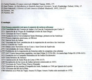 111 Carias Fuentes, E l espejo e n t e r r a d o (Madrid: Taurus, 2000), 177.
<2) JJeaa Franco. An I n t r o d u c t i o n to Spanish-American L i t e r a t u r e , 3a ed. (Cambridge: Oxford, 1994), 17.
 " r-r.i: sükeweü. A Histon- of Latín A m e r i c a (Oxford: BlackwelL 1997). 210-215.
(4) Fnenies. 190.




 CrrKK4osia

   1518 Primera concesión real para el comercio de esclavos africanos
   1524 Consolidación del Consejo de Indias y la Casa de Contratación por Carlos V
   1531 Aparición de la Virgen de Guadalupe (visión de Juan Diego)
   IS ? S Virreinato de Nueva España
   1538 Fundación de la Universidad de Santo Domingo, primera en las Américas
   1539 Primera imprenta americana, en México
   .5-2 Nuevas leyes de Indias
   1543 Virreinato del Perú; prohibición de la importación de novelas a las Américas
   1545-63 Concilio de Trento
   1550 Debate entre Bartolomé de las Casas y Juan Ginés de Sepúlveda
   1551 Universidades de Lima y México
. , 553 Prohibición de la importación de historias sobre la conquista a las colonias
   1557-1607 Cuatro bancarrotas españolas, tres bajo Felipe II (1556-98) y la cuarta bajo Felipe III (1598-1621)
   1621 Fundación de la Compañía Holandesa de las Indias Occidentales
   1655 Toma británica de Jamaica
   1671 Canonización de Santa Rosa de Lima (1586-1617)
   1680 Recopilación de las Leyes de Indias (proceso comenzado en 1603)
   1717 Virreinato de Tierra Firme (Nueva Granada)
   1767 Expulsión de los jesuítas (Compañía de Jesús, fundada en 1540 por Ignacio de Loyola)
   1776 Virreinato del Río de la Plata
   1780 Rebelión en el Perú de Túpac Amaru II (Túpac Amaru I había sido asesinado en 1572)
 
