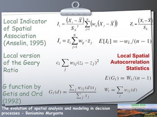 The evolution of spatial analysis and modeling in decision
processes - Beniamino Murgante
Local Spatial
Autocorrelation
St...
