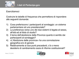 Titolo titolo titolo titolo
I dati di Partecipa.gov
Esercitiamoci
Costruire le tabelle di frequenza che permettono di rispondere
alle seguenti domande:
1) Cosa preferiscono i partecipanti al sondaggio: un sistema
parlamentare od uno presidenziale?
2) La preferenza verso uno dei due sistemi è legata al sesso,
all’età ed al titolo di studio?
3) Il tema dell’abolizione delle Province quanto è sentito dai
partecipanti al sondaggio?
4) «L’Abolizione delle province» ha una connotazione
geografica e/o di genere
5) Relativamente ai due punti precedenti, c’è o meno
desiderio di cambiamento ossia di riforme costituzionali?
Roma, 17.12.2013

 