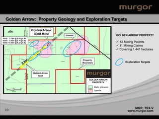 Golden Arrow: Property Geology and Exploration Targets

                              Golden Arrow
                               Gold Mine      Untested                               GOLDEN ARROW PROPERTY
45-02: 2.19m @ 6.09 g/t Au
45-03: 5.43m @ 2.46 g/t Au
45-04: 13.44m @ 9.22 g/t Au                                                           12 Mining Patents
                                                                                      11 Mining Claims
                                                                                      Covering 1,441 hectares


                                                         Property
                                                         Boundary                          Exploration Targets



                               Golden Arrow
                                   Fault
                                                              GOLDEN ARROW
                                                                PROPERTY

                                                                    Mafic Volcanic
                                                                    Syenite




                                                                                                MGR: TSX-V
  10                                                                                        www.murgor.com
 