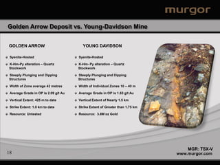 Golden Arrow Deposit vs. Young-Davidson Mine


GOLDEN ARROW                            YOUNG DAVIDSON

 Syenite-Hosted                       Syenite-Hosted

K-Hm-Py alteration – Quartz           K-Hm- Py alteration – Quartz
Stockwork                             Stockwork

Steeply Plunging and Dipping          Steeply Plunging and Dipping
Structures                            Structures

 Width of Zone average 42 metres      Width of Individual Zones 10 – 40 m

 Average Grade in OP is 2.09 g/t Au   Average Grade in OP is 1.63 g/t Au

 Vertical Extent: 425 m to date       Vertical Extent of Nearly 1.5 km

 Strike Extent: 1.0 km to date        Strike Extent of Greater than 1.75 km

 Resource: Untested                   Resource: 3.8M oz Gold




                                                                                  MGR: TSX-V
18                                                                            www.murgor.com
 