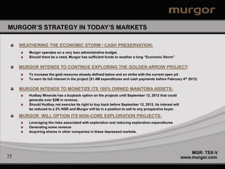 MURGOR’S STRATEGY IN TODAY’S MARKETS

     WEATHERING THE ECONOMIC STORM / CASH PRESERVATION:
        Murgor operates on a very lean administrative budget.
        Should there be a need, Murgor has sufficient funds to weather a long “Economic Storm”

     MURGOR INTENDS TO CONTINUE EXPLORING THE GOLDEN ARROW PROJECT:
        To increase the gold resource already defined below and on strike with the current open pit.
        To earn its full interest in the project ($1.4M expenditures and cash payments before February 4th 2013)

     MURGOR INTENDS TO MONETIZE ITS 100% OWNED MANITOBA ASSETS:
        Hudbay Minerals has a buyback option on the projects until September 12, 2012 that could
        generate over $2M in revenue.
        Should Hudbay not exercise its right to buy back before September 12, 2012, its interest will
        be reduced to a 2% NSR and Murgor will be in a position to sell to any prospective buyer.

     MURGOR WILL OPTION ITS NON-CORE EXPLORATION PROJECTS:
        Leveraging the risks associated with exploration and reducing exploration expenditures
        Generating some revenue
        Acquiring shares in other companies in these depressed markets.




                                                                                                            MGR: TSX-V
25                                                                                                      www.murgor.com
 