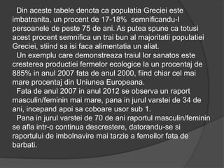 Din aceste tabele denota ca populatia Greciei este
imbatranita, un procent de 17-18% semnificandu-l
persoanele de peste 75 de ani. As putea spune ca totusi
acest procent semnifica un trai bun al majoritatii populatiei
Greciei, stiind sa isi faca alimentatia un aliat.
Un exemplu care demonstreaza traiul lor sanatos este
cresterea productiei fermelor ecologice la un procentaj de
885% in anul 2007 fata de anul 2000, fiind chiar cel mai
mare procentaj din Uniunea Europeana.
Fata de anul 2007 in anul 2012 se observa un raport
masculin/feminin mai mare, pana in jurul varstei de 34 de
ani, incepand apoi sa coboare usor sub 1.
Pana in jurul varstei de 70 de ani raportul masculin/feminin
se afla intr-o continua descrestere, datorandu-se si
raportului de imbolnavire mai tarzie a femeilor fata de
barbati.
 