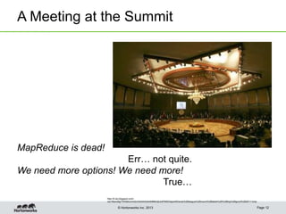 © Hortonworks Inc. 2013
A Meeting at the Summit
Page 12
MapReduce is dead!
Err… not quite.
We need more options! We need more!
True…
http://4.bp.blogspot.com/-
oqr1t6avx6g/TW55kUnmQvI/AAAAAAAAMMk/q9Jc87MSG4g/s400/arab%2Bleague%2Bround%2Btable%2B%2Bbig%2Bgood%2B2011.bmp
 