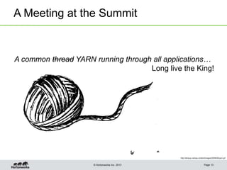 © Hortonworks Inc. 2013
A Meeting at the Summit
Page 13
A common thread YARN running through all applications…
Long live the King!
http://whipup.net/wp-content/images/2008/08/yarn.gif
 