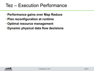 © Hortonworks Inc. 2013
Tez – Execution Performance
• Performance gains over Map Reduce
• Plan reconfiguration at runtime
• Optimal resource management
• Dynamic physical data flow decisions
Page 35
 