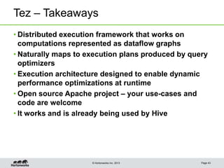 © Hortonworks Inc. 2013
Tez – Takeaways
• Distributed execution framework that works on
computations represented as dataflow graphs
• Naturally maps to execution plans produced by query
optimizers
• Execution architecture designed to enable dynamic
performance optimizations at runtime
• Open source Apache project – your use-cases and
code are welcome
• It works and is already being used by Hive
Page 43
 