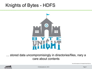© Hortonworks Inc. 2013
Knights of Bytes - HDFS
Page 5
… stored data uncompromisingly in directories/files, nary a
care about contents
http://whoiscraigmoser.com/Images/identity/knight.png
 