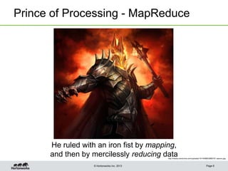 © Hortonworks Inc. 2013
Prince of Processing - MapReduce
Page 6
He ruled with an iron fist by mapping,
and then by mercilessly reducing datahttp://media.comicvine.com/uploads/14/144886/2868181-sauron.jpg
 