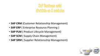• SAP CRM (Customer Relationship Management)
• SAP ERP ( Enterprise Resource Planning )
• SAP PLM ( Product Lifecycle Management)
• SAP SCM ( Supply Chain Management)
• SAP SRM ( Supplier Relationsship Management)
 