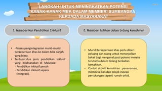2. Memberi latihan dalam bidang kemahiran
1. Memberikan Pendidikan Inklusif
LANGKAH UNTUK MENINGKATKAN POTENSI
KANAK-KANAK MBK DALAM MEMBERI SUMBANGAN
KEPDADA MASYARAKAT
• -Proses pengintegrasian murid-murid
berkeperluan khas ke dalam bilik darjah
yang biasa.
• Terdapat dua jenis pendidikan inklusif
yang dilaksanakan di Malaysia:
- Pendidikan inklusif penuh
- Pendidikan inklusif separa
(integrasi).
• Murid Berkeperluan khas perlu diberi
peluang dan ruang untuk menonjolkan
bakat bagi mengenal pasti potensi mereka
terutama dalam bidang berkaitan
kemahiran.
• Contoh aktiviti kemahiran : penanaman,
membela ikan dan projek inovasi
pertukangan seperti rumah orkid.
 