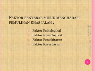 FAKTOR PENYEBAB MURID MENGHADAPI
PEMULIHAN KHAS IALAH ;




                                   Iffah Mashetah
            ...