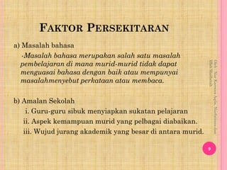 FAKTOR PERSEKITARAN
a) Masalah bahasa
   -Masalah bahasa merupakan salah satu masalah
  pembelajaran di mana murid-murid t...