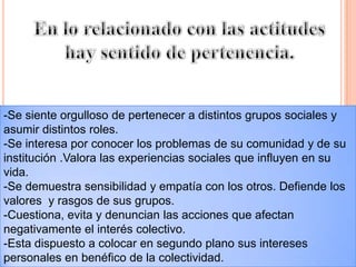 En lo relacionado con las actitudes hay sentido de pertenencia.-Se siente orgulloso de pertenecer a distintos grupos sociales y asumir distintos roles.-Se interesa por conocer los problemas de su comunidad y de su institución .Valora las experiencias sociales que influyen en su vida.-Se demuestra sensibilidad y empatía con los otros. Defiende los valores  y rasgos de sus grupos.-Cuestiona, evita y denuncian las acciones que afectan negativamente el interés colectivo.-Esta dispuesto a colocar en segundo plano sus intereses personales en benéfico de la colectividad.