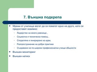 7.  Външна подкрепа  Мрежи от училища могат да си помагат едно на друго, като си предоставят взаимно : Лидерство на много равнища  ,  Социална и техническа помощ  ,  Споделяне и генериране на идеи ,  Разпространение на добри практики  Създаване на по-широки професионални учещи общности  Външен мониторинг  Външен натиск  