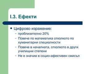 I.3.  Ефекти  Цифрово изражение : проблизително  20% Повече по математика отколкото по хуманитарни специалности  Повече в началната, отколкото в други училищни степени  Не е значим в социо-афективен смисъл  