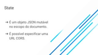 State
➔ É um objeto JSON mutável
no escopo do documento.
➔ É possível especificar uma
URL CORS.
 