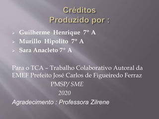  Guilherme Henrique 7º A
 Murillo Hipolito 7º A
 Sara Anacleto 7º A
Para o TCA – Trabalho Colaborativo Autoral da
EMEF Prefeito José Carlos de Figueiredo Ferraz
PMSP/ SME
2020
Agradecimento : Professora Zilrene
 