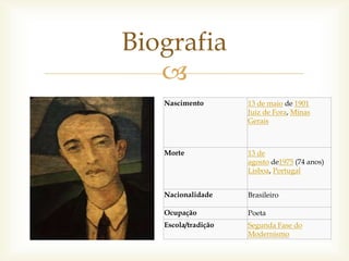
Nascimento 13 de maio de 1901
Juiz de Fora, Minas
Gerais
Morte 13 de
agosto de1975 (74 anos)
Lisboa, Portugal
Nacionalidade Brasileiro
Ocupação Poeta
Escola/tradição Segunda Fase do
Modernismo
Biografia
 