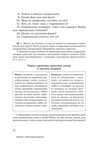 52
8. Плюсы и минусы телерекламы.
9. Каким быть или кем быть?
10. Мода на профессии: случайна ли она?
11. есть ли «своё» лицо у современности?
12. Современная женщина: семья или карьера? Выбор
или гармоничное сочетание?
13. Нужна ли школьная форма?
14. Современный учитель: кто он?
66. 1. Можно ли вступать в спор, не приняв во внимание особен-
ностей друг друга? Часто ли ваши споры со взрослыми заканчиваются
испорченным настроением? Попробуйте выяснить причину.
2. Запишите в два столбика те характеристики (свои и взрослых),
которые помогают или мешают прояснению спорного вопроса. Срав-
ните ваши характеристики с выводами, сделанными Аристотелем в
IV в. до н. э.
Черты характера, присущие юному
и зрелому возрасту
Юные: склонны к желаниям;
вспыльчивы; не переносят пре-
небрежения; любят победу;
совсем не корыстолюбивы; не
злы, добродушны, легковерны;
живут надеждой; чрезвычайно
смелы; великодушны; любят
друзей; во всём грешат край-
ностью, всё делают через меру;
считают себя всеведущими; до-
ступны состраданию; любят по-
смеяться; сказать острое слово.
Пожилые: ничего положитель-
ного не утверждают; «пола-
гают», но ничего не «знают»;
подозрительны, недоверчивы;
любят и ненавидят не сильно;
не жаждут; не щедры; трус-
ливы, всего опасаются; эгои-
сты; живут воспоминаниями;
гнев их пылок, но бессилен;
руководствуются расчётом; по-
ступают несправедливо не по
злобе, ворчливы; не бойки и не
смешливы.
3. Объясняют ли ваши выводы существующую во все времена проб-
лему непонимания отцов и детей? Какие, на ваш взгляд, можно дать
рекомендации, чтобы споры поколений проходили менее болезненно?
Скачано с сайта www.aversev.by
 