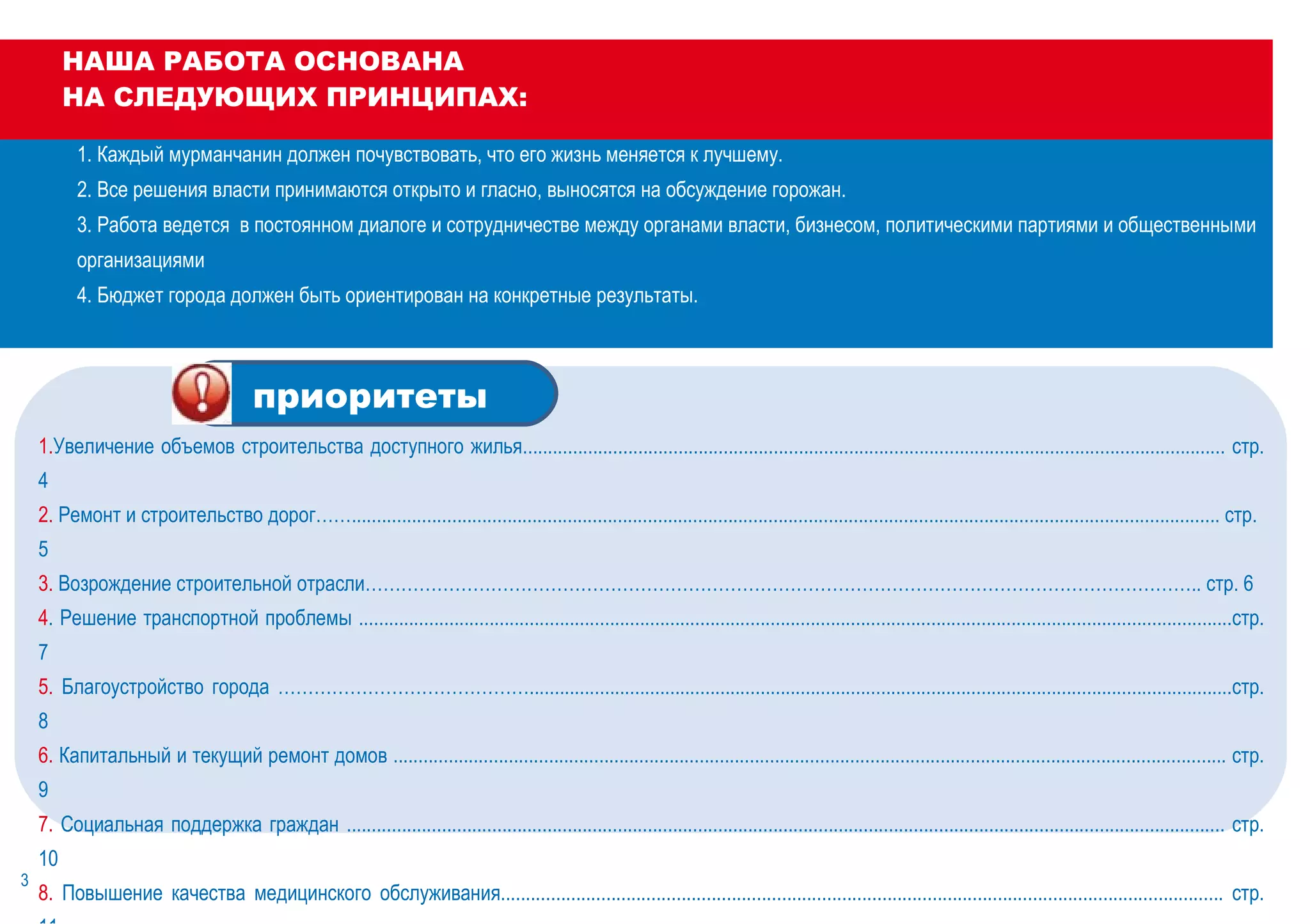1. Увеличение объемов строительства доступного жилья............................................................................................................................................ стр. 4 2.  Ремонт и строительство дорог……............................................................................................................................................................................. стр. 5 3.  Возрождение строительной отрасли………………………………………………………………………………………………………………………….. стр. 6 4 . Решение транспортной проблемы ..............................................................................................................................................................................стр. 7 5.  Благоустройство города ……………………………………............................................................................................................................................стр. 8 6.  Капитальный и текущий ремонт домов ...................................................................................................................................................................... стр. 9 7.  Социальная поддержка граждан ............................................................................................................................................................................... стр. 10 8.  Повышение качества медицинского обслуживания................................................................................................................................................ стр. 11 9.  Увеличение количества мест в детских садах ........................................................................................................................................................ стр. 12 10.  Поддержка культуры и массового спорта .............................................................................................................................................................. стр. 13 приоритеты НАША РАБОТА ОСНОВАНА  НА СЛЕДУЮЩИХ ПРИНЦИПАХ: 1. Каждый мурманчанин должен почувствовать, что его жизнь меняется к лучшему. 2. Все решения власти принимаются открыто и гласно, выносятся на обсуждение горожан. 3. Работа ведется  в постоянном диалоге и сотрудничестве между органами власти, бизнесом, политическими партиями и общественными организациями  4. Бюджет города должен быть ориентирован на конкретные результаты.  3 