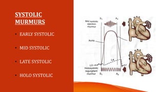SYSTOLIC
MURMURS
• EARLY SYSTOLIC
• MID SYSTOLIC
• LATE SYSTOLIC
• HOLO SYSTOLIC
 
