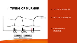 1. TIMING OF MURMUR • SYSTOLIC MURMUR
• DIASTOLIC MURMUR
• CONTINUOUS
MURMUR
 