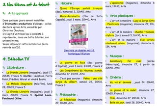 3. Nos élèves ont du talent                      Histoire :                                • L'apparence (magazine), dimanche 6
                                                                                            mars, 13h30, Arte
                                                • Quand l'Europe parlait         français
                                                (doc), mercredi 2, 22h40, Arte
    Arts appliqués
                                                • Marie-Antoinette (film de Sofia            Arts plastiques :
Dans quelques jours seront installées           Coppola), jeudi 3 mars, 20h40, Arte         •   L'art et la manière : Lucy & Jorge Orta
d'étonnantes productions d'élèves : celles                                                  - Plasticiens (magazine), dimanche 27, 13h,
des 1ère option Arts, encadrés par                                                          Arte
Christine Chouteau.
                                                                                            • L'art et la manière : Chantal Thomass,
Il s'agit d'un travail qui a consisté à
                                                                                            styliste (doc), samedi 5, 16h30, Arte
représenter, dans une boîte éclairée, son
univers intime.                                                                             •   L'art et la manière : Evol, artiste
Venez découvrir cette installation dès la                                                   résolument urbain. (magazine), dimanche 6,
rentrée au CDI.                                                                             13h, Arte
                                                       Lien vers un dossier vérité
                                                           historique//fiction
                                                                                             Musique :
4. Sélection TV                                                                             • Gainsbourg     for    ever   (soirée
                                                • La guerre en face (doc guerre
                                                                                            thématique), dimanche 27, à partir de
                                                d'Algérie), jeudi 3 mars, 23h05, France 2
 Littérature :                                                                             20h40, Arte
                                                • Les Conquérants du Nouveau Monde,
•   La Grande Librairie (magazine), jeudi 17,
                                                dimanche 27, 14h45, Arte
20h35, France 5. Invités : Moebius, Pierre
                                                    C'est pas sorcier : Petra : une cité     Cinéma :
Pelot, Frédéric Werst et André Brahic           •
                                                surgie du désert, samedi 26, 20h10,         • Va, vis et deviens , jeudi 24, 20h40,
•   Le Malade Imaginaire (téléfilm), lundi
                                                France 3                                    Arte
28, 20h35, France 5
                                                                                            • La graine et le mulet, dimanche 27,
•  La Grande Librairie (magazine), jeudi 3
                                                                                            20h35, France 2
mars, 20h35, France 5. Spécial Louis-            Philosophie :
Ferdinand Céline                                                                            •   Elisa, dimanche 27, 20h40, Arte
                                                • La République (magazine), dimanche
                                                27, 13h30, Arte                             •   Belle de jour, lundi 28, 20h40, Arte
 