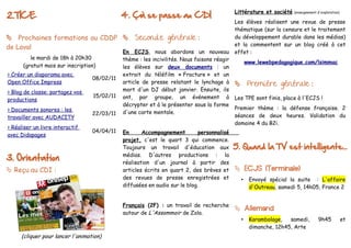 2.TICE                                        4. Çà se passe au CDI
                                                                                             Littérature et société   (enseignement d'exploration)


                                                                                             Les élèves réalisent une revue de presse
                                                                                             thématique (sur la censure et le traitement
 Prochaines formations au CDDP                   Seconde générale :                        du développement durable dans les médias)
                                                                                             et la commentent sur un blog créé à cet
de Laval
                                              En ECJS, nous abordons un nouveau              effet :
         le mardi de 18h à 20h30              thème : les incivilités. Nous faisons réagir
                                                                                                     www.lewebpedagogique.com/lsimmac
      (gratuit mais sur inscription)          les élèves sur deux documents : un
> Créer un diaporama avec                     extrait du téléfilm « Fracture » et un
                                  08/02/11
Open Office Impress                           article de presse relatant le lynchage à               Première générale :
> Blog de classe: partagez vos                mort d'un DJ début janvier. Ensuite, ils
                                   15/02/11   ont, par groupe, un événement à                Les TPE sont finis, place à l'ECJS !
productions
                                              décrypter et à le présenter sous la forme
> Documents sonores : les                                                                    Premier thème : la défense française. 2
                                  22/03/11    d'une carte mentale.
travailler avec AUDACITY                                                                     séances de deux heures. Validation du
                                                                                             domaine 4 du B2i.
> Réaliser un livre interactif
                                  04/04/11    En      Accompagnement         personnalisé
avec Didapages
                                              projet, c'est le quart 3 qui commence.
                                              Toujours un travail d'éducation aux            5. Quand la TV est intelligente...
3. Orientation                                médias. D'autres productions : la
                                              réalisation d'un journal à partir des
 Reçu au CDI :                               articles écrits en quart 2, des brèves et       ECJS (Terminale)
                                              des revues de presse enregistrées et               •    Envoyé spécial la suite : L'affaire
                                              diffusées en audio sur le blog.                         d'Outreau, samedi 5, 14h05, France 2


                                              Français (2F) : un travail de recherche
                                                                                              Allemand
                                              autour de L'Assommoir de Zola.
                                                                                                 •    Karambolage,   samedi,        9h45             et
                                                                                                      dimanche, 12h45, Arte
     (cliquer pour lancer l'animation)
 