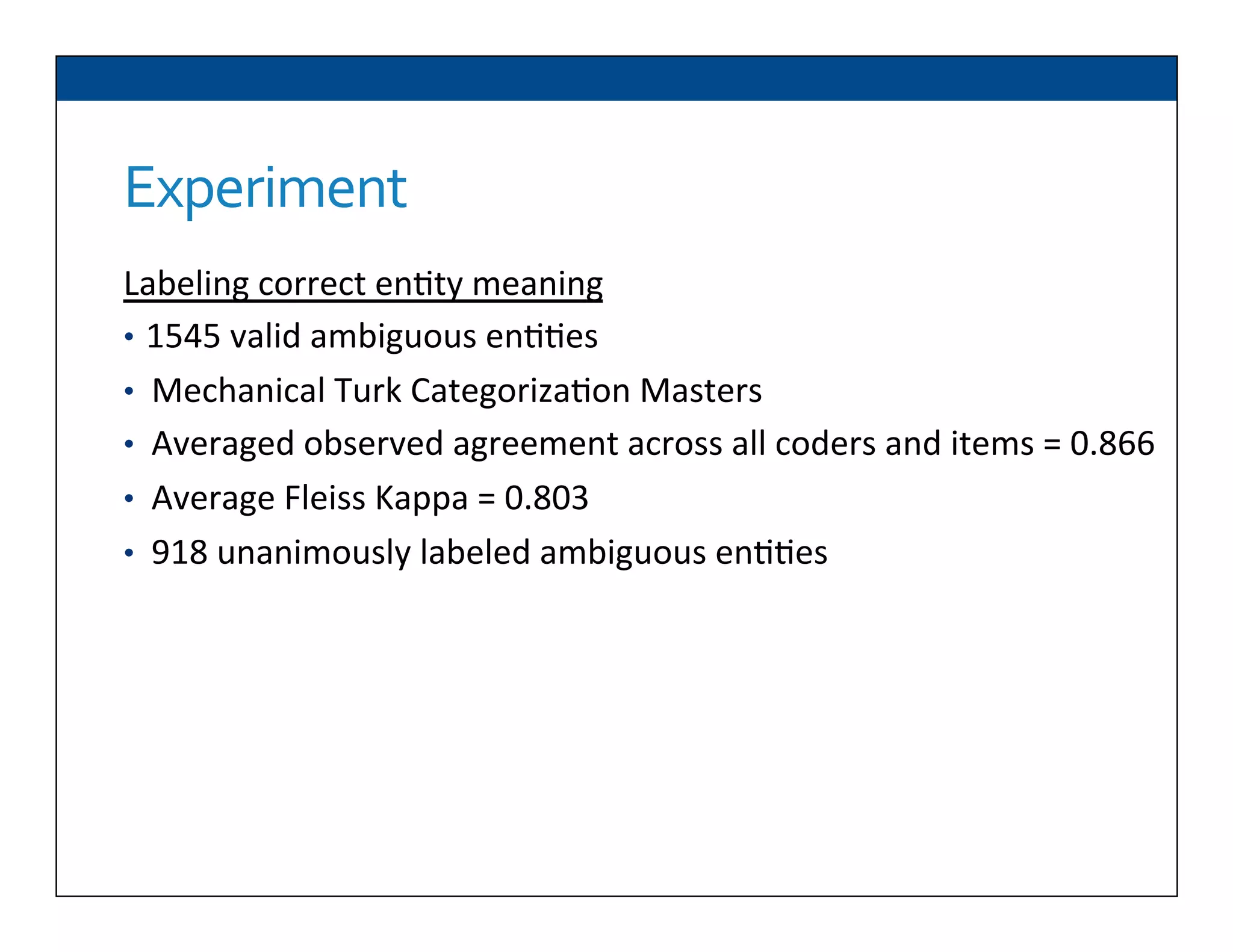 Experiment	
  
Labeling	
  correct	
  en6ty	
  meaning	
  
•  1545	
  valid	
  ambiguous	
  en66es	
  
•  Mechanical	
  Turk	
  Categoriza6on	
  Masters	
  	
  
•  Averaged	
  observed	
  agreement	
  across	
  all	
  coders	
  and	
  items	
  =	
  0.866	
  
•  Average	
  Fleiss	
  Kappa	
  =	
  0.803	
  
•  918	
  unanimously	
  labeled	
  ambiguous	
  en66es	
  
 