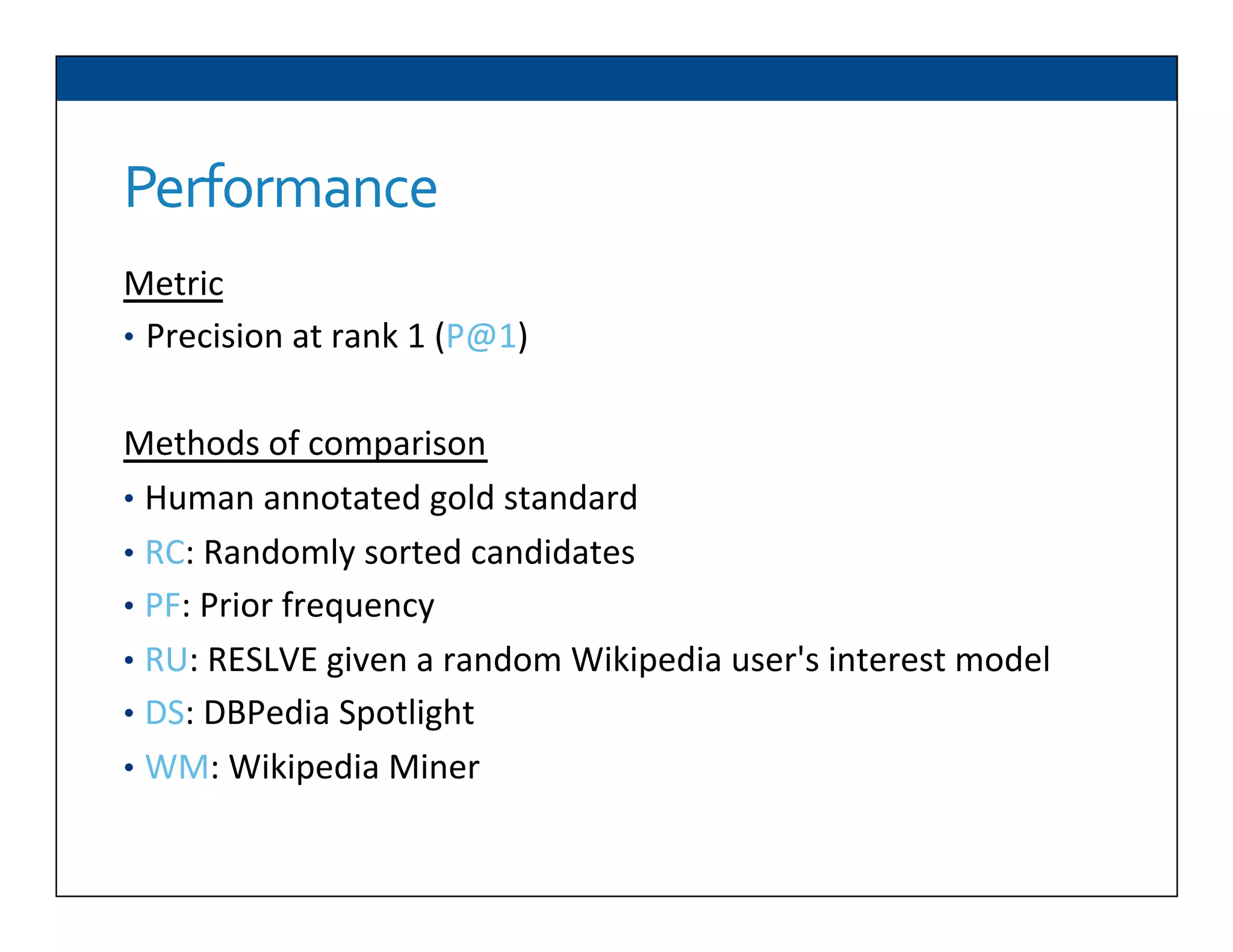 Performance	
  
Metric	
  
•  Precision	
  at	
  rank	
  1	
  (P@1)	
  
Methods	
  of	
  comparison	
  
•  Human	
  annotated	
  gold	
  standard	
  
•  RC:	
  Randomly	
  sorted	
  candidates	
  
•  PF:	
  Prior	
  frequency	
  	
  
•  RU:	
  RESLVE	
  given	
  a	
  random	
  Wikipedia	
  user's	
  interest	
  model	
  	
  
•  DS:	
  DBPedia	
  Spotlight	
  
•  WM:	
  Wikipedia	
  Miner	
  	
  
 