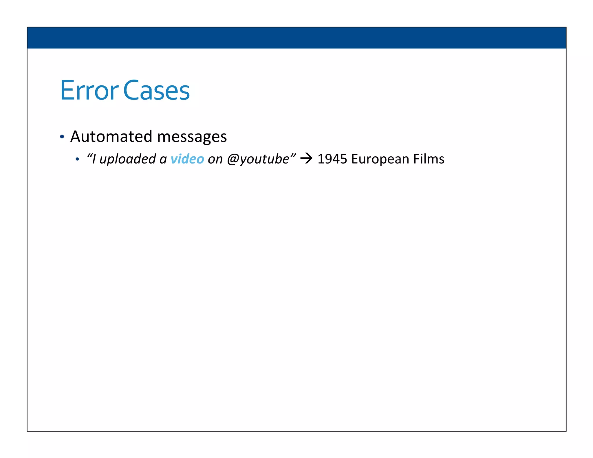 Error	
  Cases	
  
•  Automated	
  messages	
  
•  “I	
  uploaded	
  a	
  video	
  on	
  @youtube”	
  à	
  1945	
  European	
  Films	
  
 